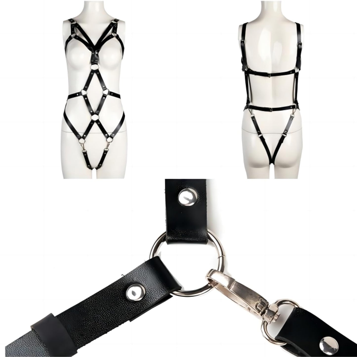 Women Punk Gothic Full-Body Harness – Adjustable Faux Leather Strappy Chest, Waist & Leg Belt with Metal Rings Sexy Festival, Rave, Clubwear, Cosplay Halloween, Mardi Gras Carnival Valentine's Gift