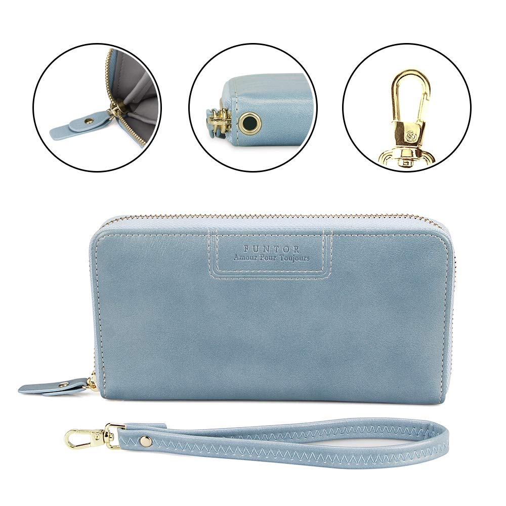 FT FUNTOR Wristlet Wallet for Women, Ladies Zip around Wallet PU Vegan Leather Clutch Long Purse Phone Card Holder Organizer Blue