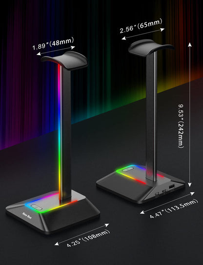 New bee RGB Headphone Stand with 1 USB-C Charging Port and 1 USB Charging Port, Desk Gaming Headset Stand with 7 Light Modes for All Earphone Accessories (Black)