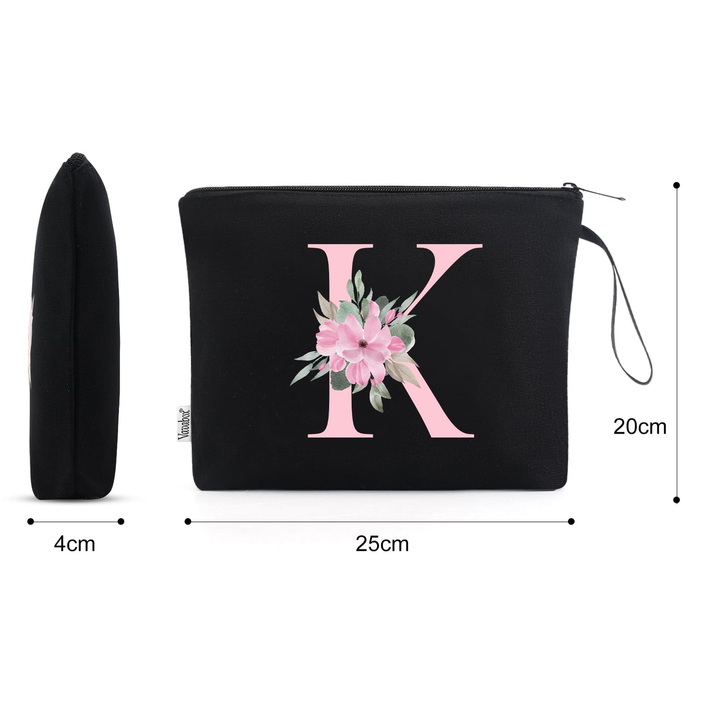 Vavabox A-Z Personalized Makeup Bag, Birthday Gifts for Women Mom, Gifts for Best Friend, Bride Bridesmaid Cosmetic bag (K, Black)