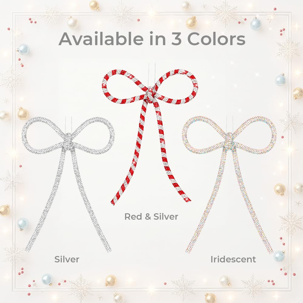 XMIAOX 3 Pcs Handmade Rhinestone Bow Christmas Ornaments, Sparkling Shapeable Bows for Holiday Tree, Wreath & Gift Wrapping, Reusable Holiday, Home, Party Décor (Silver, Small)