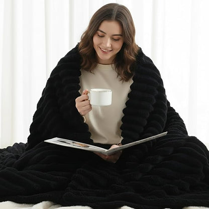 decorUhome Soft Fleece Black Blanket Queen Size for Bed, Cozy Fluffy Plush Flannel Large Striped Throws for Couch Sofa, Lightweight Decorative Fuzzy Blanket for Woman, 90x90 Inches
