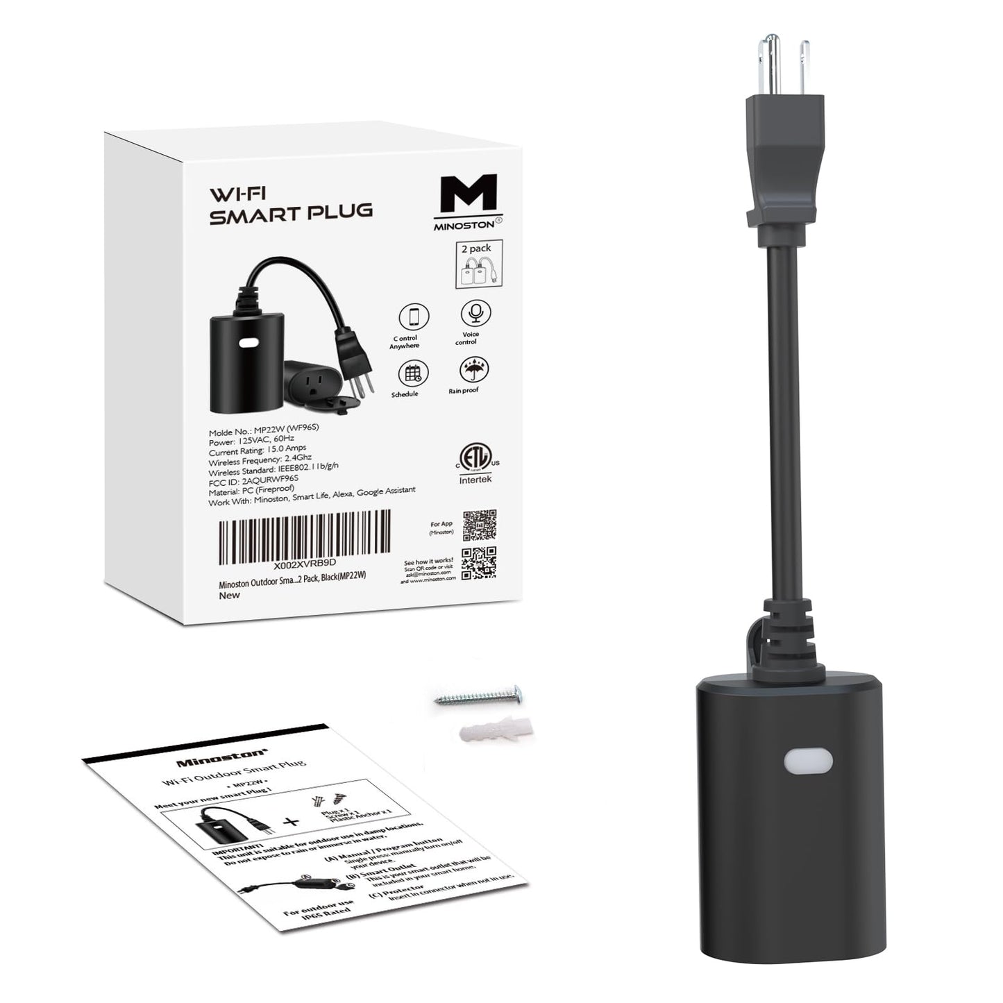 Minoston Outdoor Smart Plug, Matter Smart Plug, Smart Home Wi-Fi Outlet IP65 Waterproof, Compatible with Alexa, Apple Home, SmartThings, Google Home, Smart Life, IP65 Waterproof, 2.4Ghz, 2 Pack