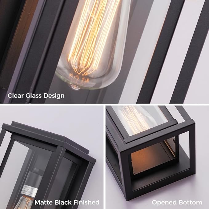 Cerdeco 12” Modern Outdoor Wall Sconce with Rectangular Metal Frame and Transparent Glass Shade,Black Outdoor Lighting for Garage Porch Patio Pack of 2(ETL Listed)