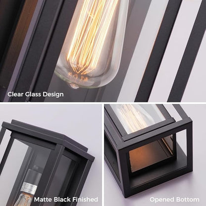 Cerdeco 12” Modern Outdoor Wall Sconce with Rectangular Metal Frame and Transparent Glass Shade,Black Outdoor Lighting for Garage Porch Patio Pack of 2(ETL Listed)