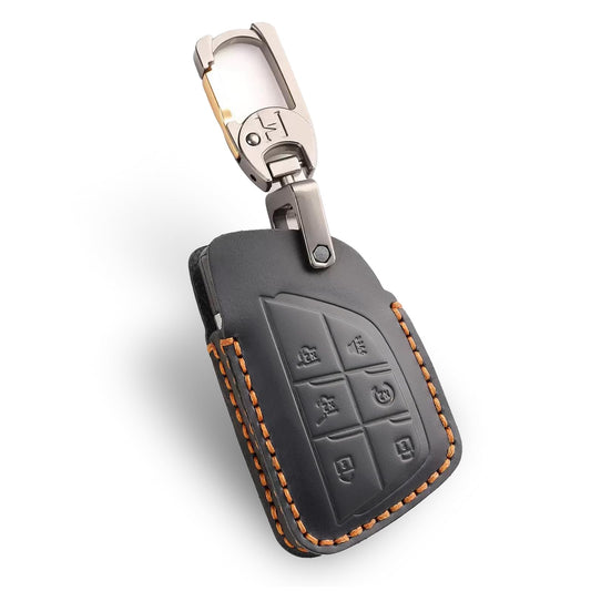 Leather Key Fob Cover for Chevy, Retro Smart Fob Protection Case Compatible with 2021 2022 2023 2024 2025 Chevy Tahoe Suburban GMC Yukon Denali Sierra Silverado Buick (Black, 6 Buttons)