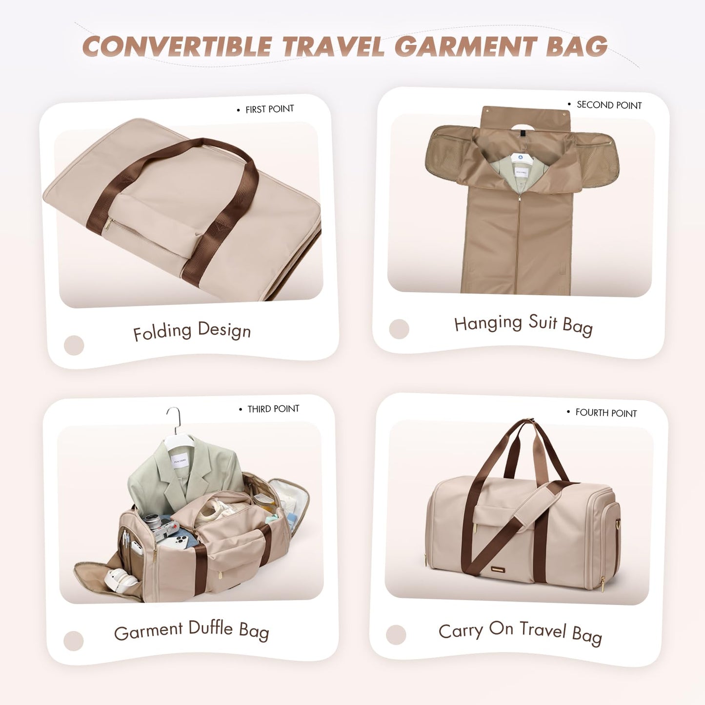GOLF QUALITY Convertible 2-in-1 Garment Bags for Travel,Women Men Carry On Garment Duffle Bag With Shoe Compartment,Hanging Suit bag,48L,Apricot