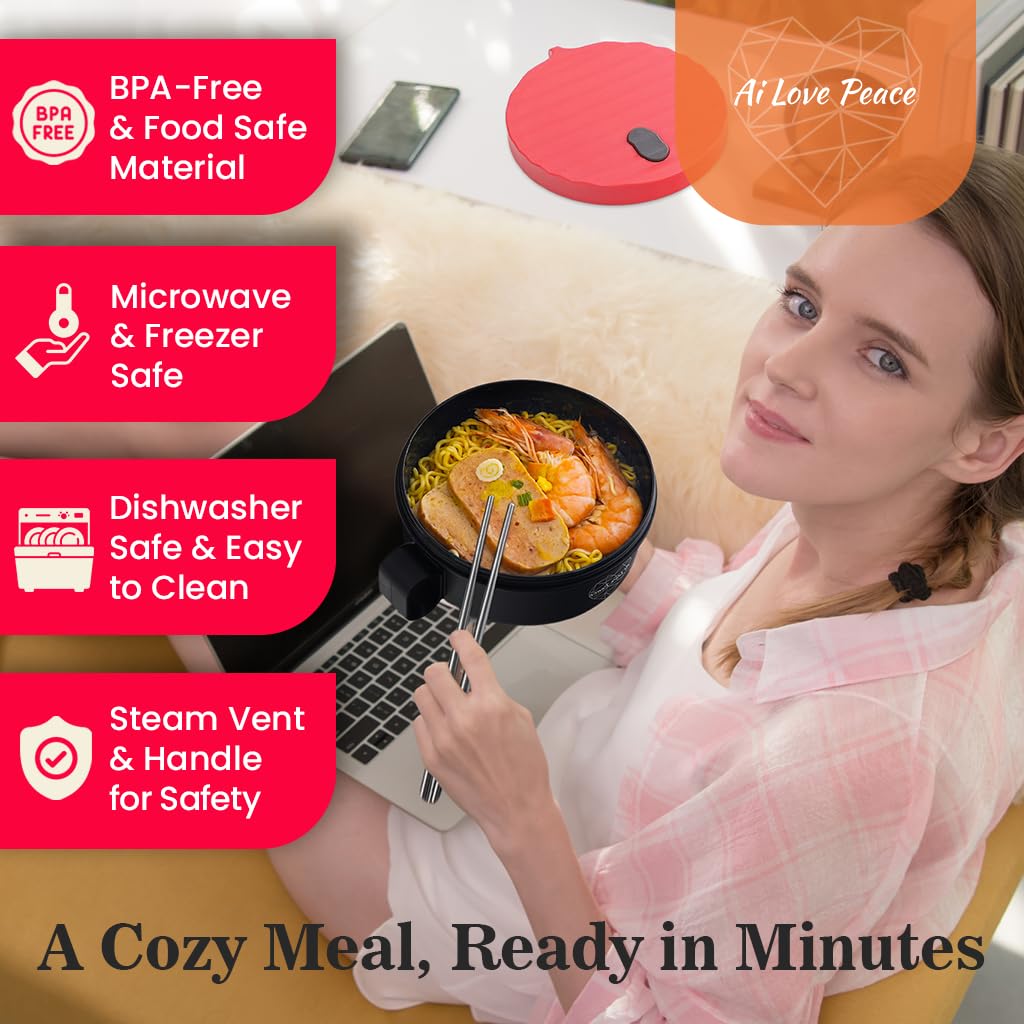 AI LOVE PEACE Ramen Bowl, 40 oz Microwaveable Noodle Cooker for Ramen, Pho, Soup, and Pasta, Dishwasher Safe and Portable, Ideal for Home, Office, Dorm, or Gift (Red)