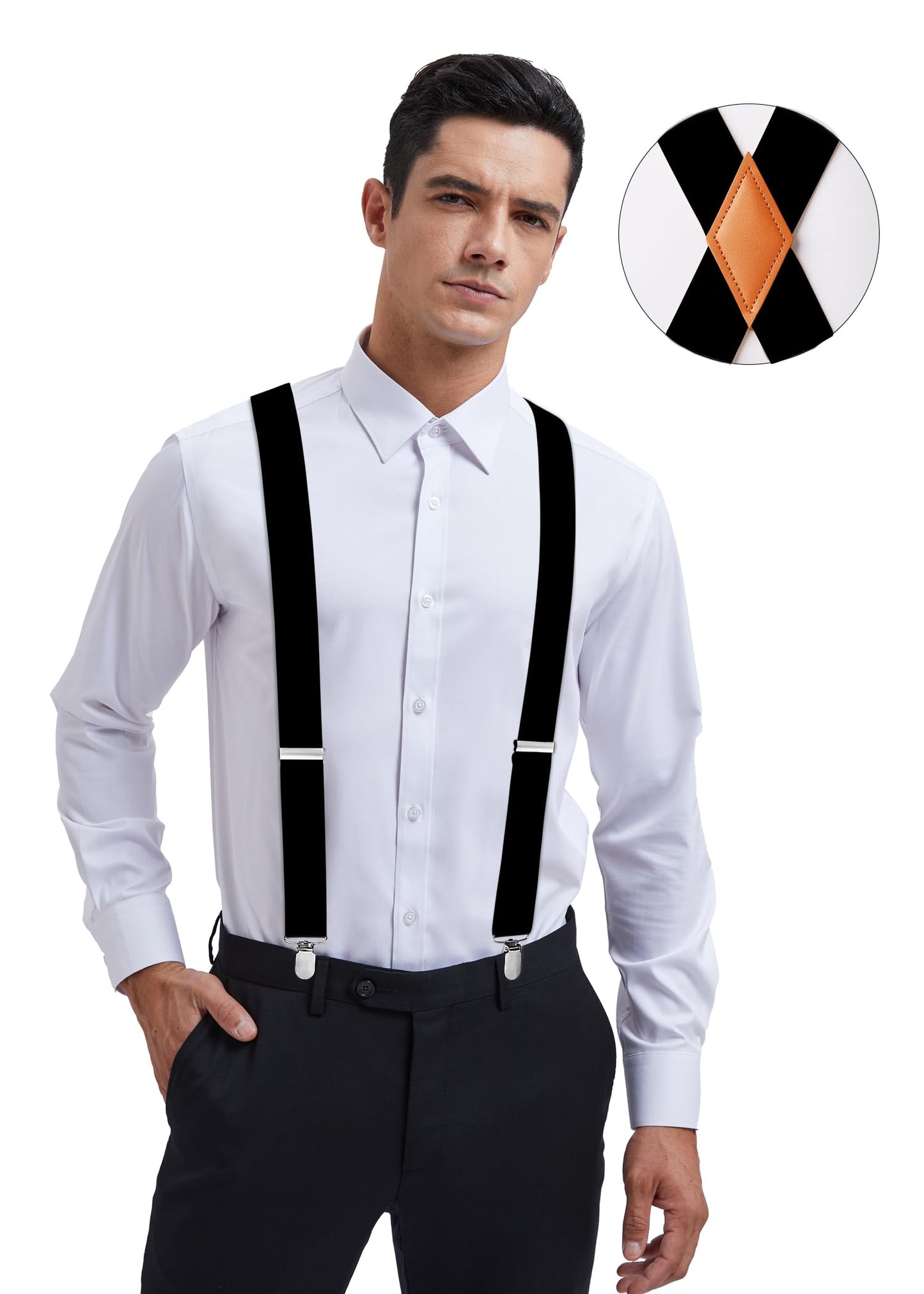 HISDERN Mens Suspenders X-Back 1.4'' Adjustable Elastic Strong Clips Suspenders Black Suspenders for Men Casual&Formal Leather Braces Wedding Party