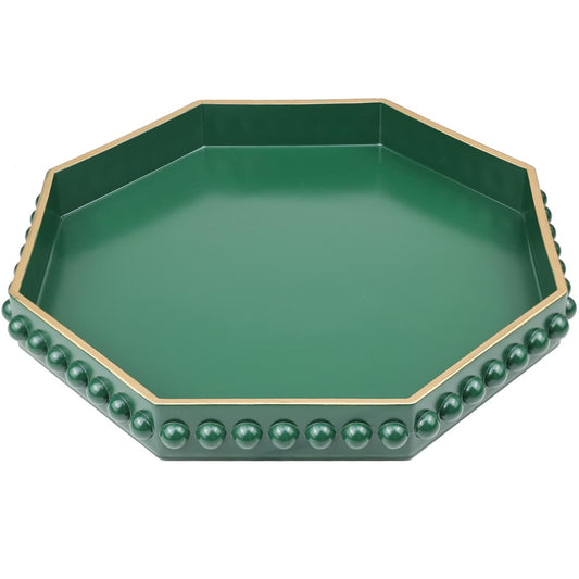 SforGUVA Green Serving Tray for Coffee Table, Octagonal Beaded Plastic Decorative Tray for Ottoman, Kitchen Counter, Living Room, Outdoor Lacquer Tray for Entertaining