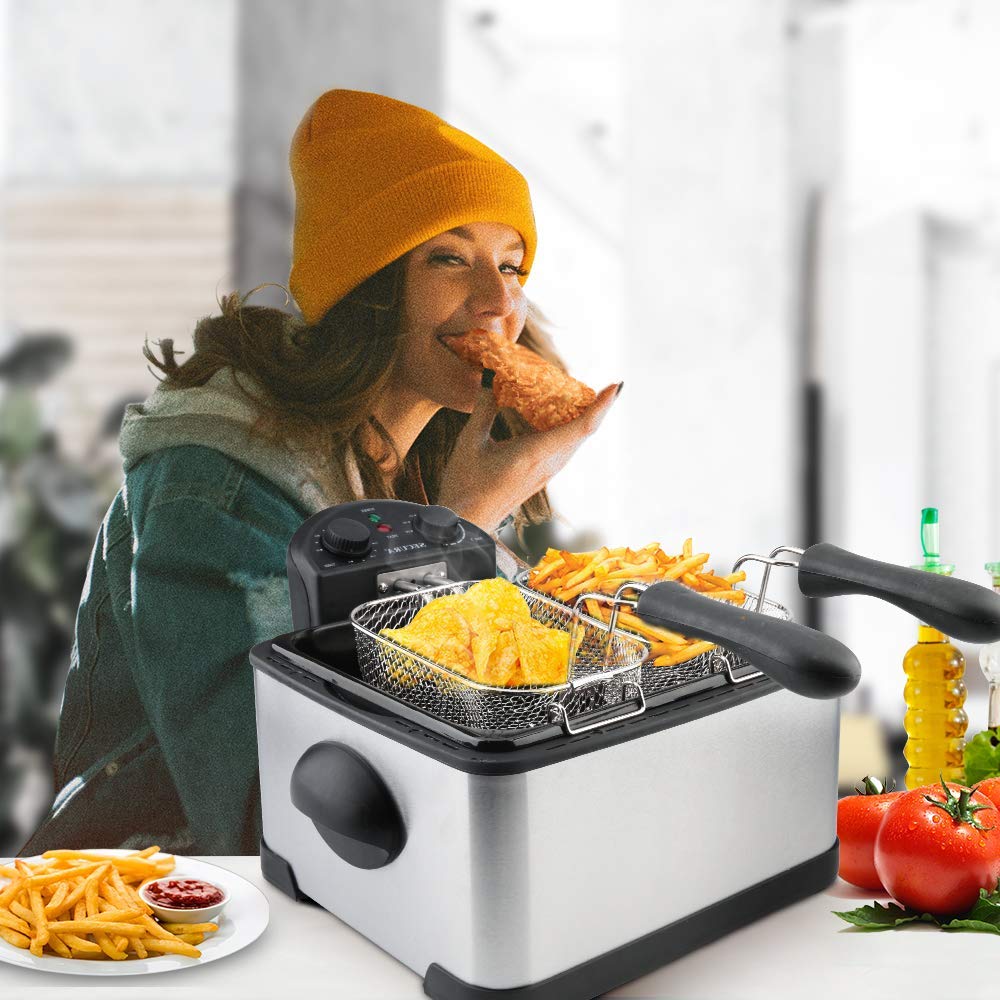 Secura 1700-Watt Stainless-Steel Triple Basket Electric Deep Fryer with Timer Free Extra Odor Filter, 4L/17-Cup, Red
