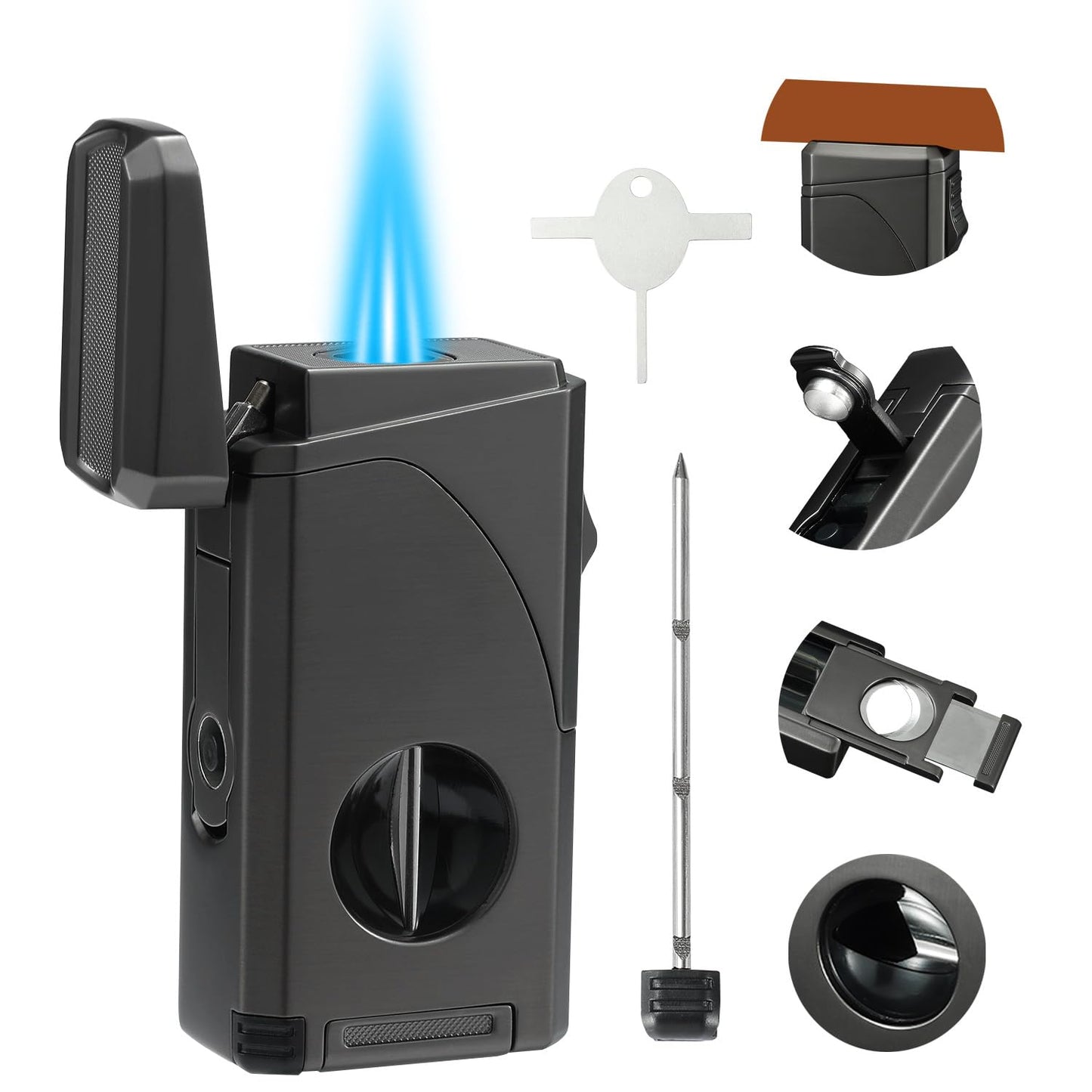 All in One Triple Jet Flame Butane Torch Lighter Built-in Cutter, Cutter V Cut, Punch, Holder Function, Draw Enhancer Tool, Refillable Windproof Gas Lighter, Mens Gifts. Grey(Sold Without Gas) ﻿