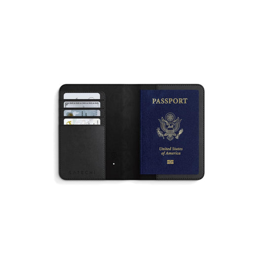 Satechi Passport Holder for Travel with Find My, Passport Cover with 4 Card Holder, Wireless Charging, and RFID protection – Travel Essential Vegan Leather Passport Holder – Black