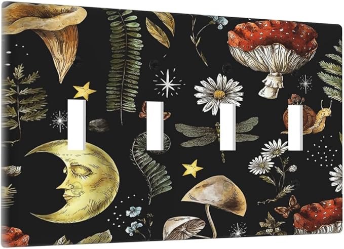 Nature Plant Botanical Daisy Mushroom Snails And Moon Quad Gang Toggle Light Switch Cover 4-Gang Wall Plates Decorative Electrical Switchplate for Home Bedroom Art Decorate