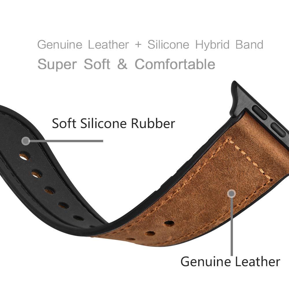 OUHENG Leather Bands Compatible with Apple Watch Band 49mm/46mm/45mm/44mm/42mm, Sweatproof Leather Rubber Hybrid Strap for iWatch Ultra 3/2/1 Series 11 10 9 8 7 6 5 4 3 2 1 SE 3/2/1, Brown/Black