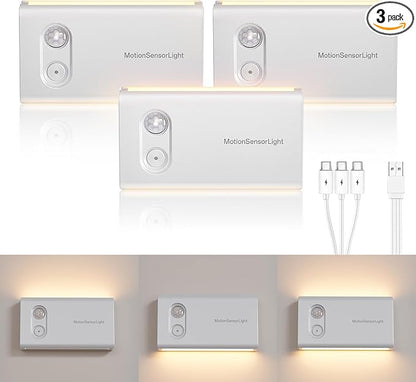 Motion Sensor Stair Night Lights Indoor, Rechargeable Closet Light with Adjustable Brightness and Direction, 3 Pack Wireless LED Light for Basement, Hallway, Bedroom, and Under Cabinet Lighting