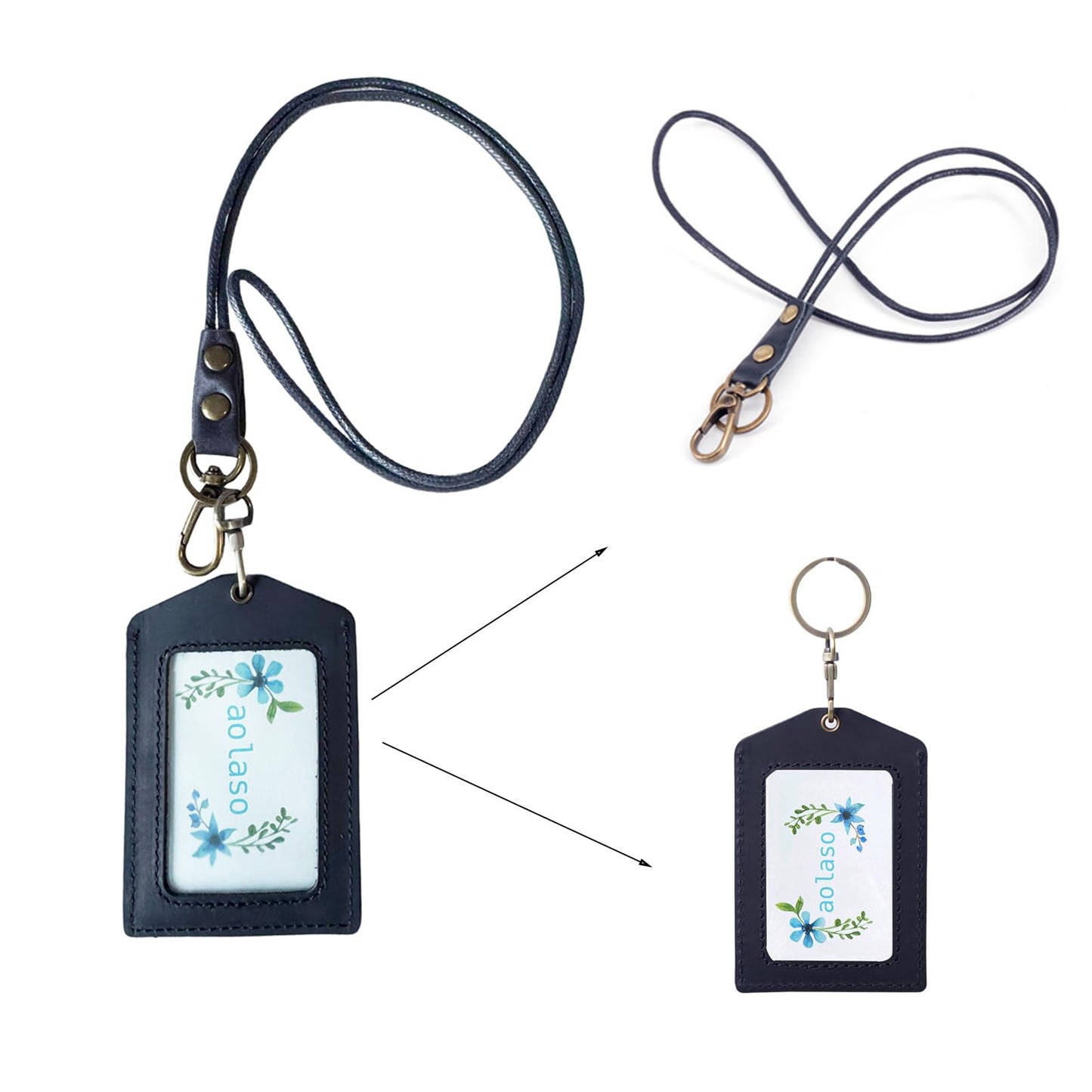 Badge Holder Vertical Handmade Leather ID Card Badge Holder Keychain with Heavy Duty Lanyard for Men Women (Black Leather)