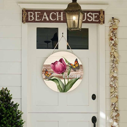 Farmhouse Front Porch Decor Door Hanging Retro Beautiful Tulip Butterfly 12in Round Wooden Hanging Housewarming Home Decor Present