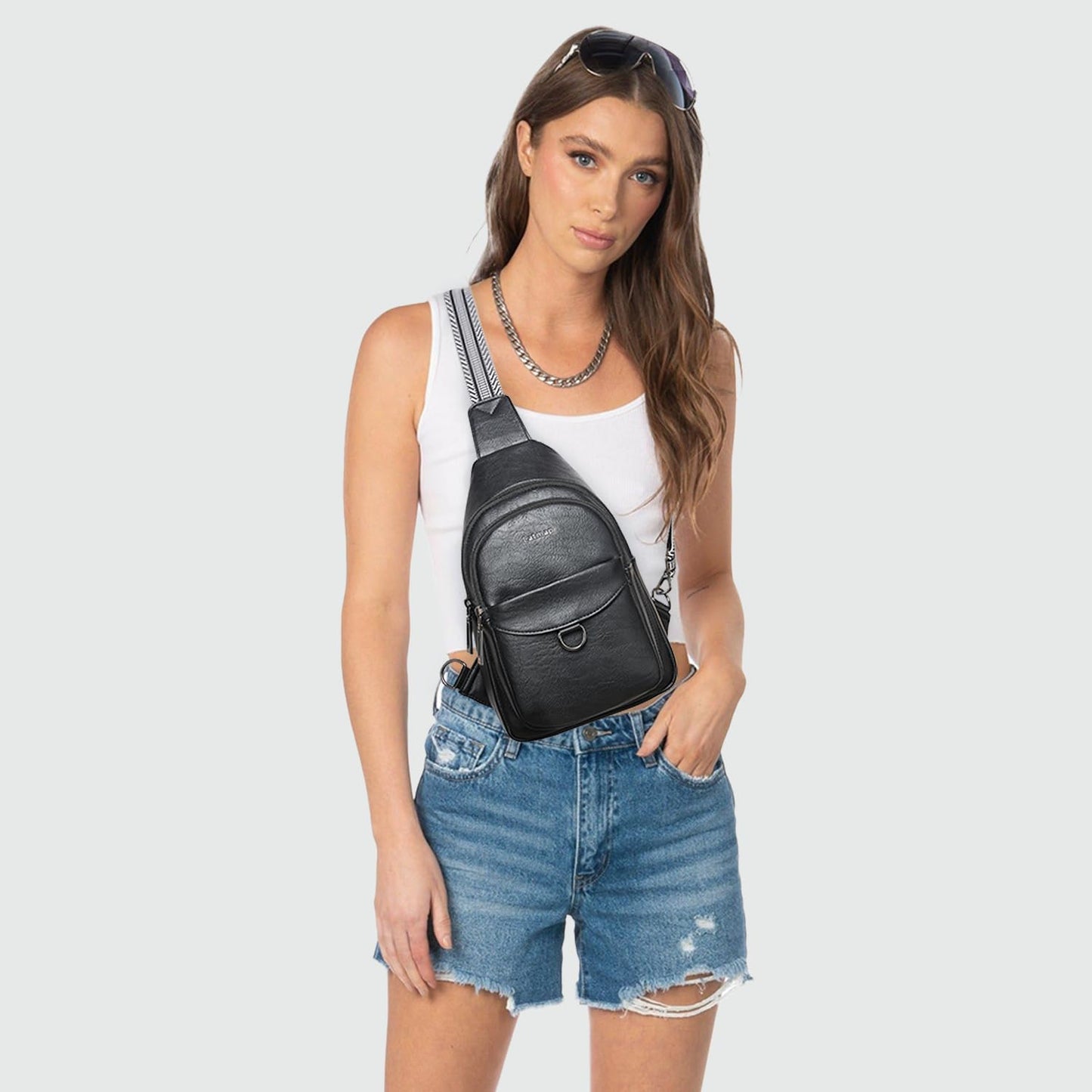 LATMAP 7L Sling Bag for Women Men Crossbody Belt Bag Small Travel Sling Backpack Anti Theft Chest Daypack Purse Faux Leather,Black
