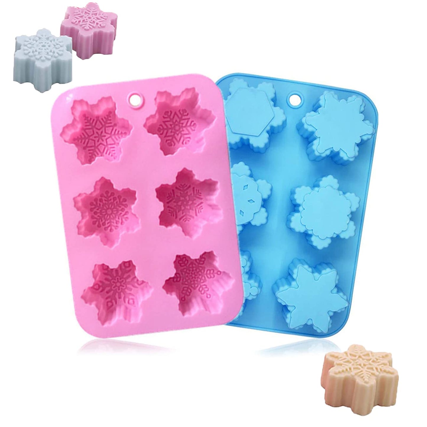 Silicone Snowflake Molds - 2 Pcs Christmas Soap Molds Non-Stick 3D Snowflake Candle Bath Bomb Mold Christmas Baking Tray Cake Cupcake Backing Mold Chocolate Candy (Pink/Blue)
