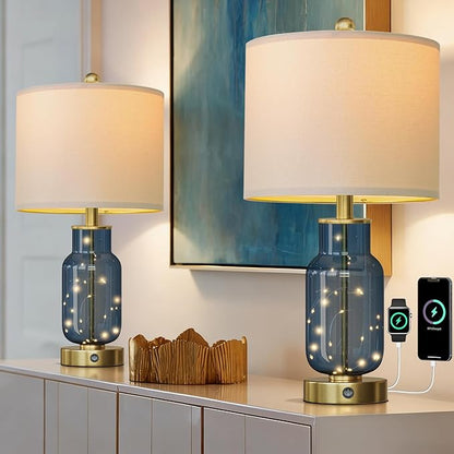 Oneach 22" Glass Table Lamps Set of 2, Blue Modern Bedside Lamp with LED Night Light for Living Room, Nightstand Lamp with USB Ports for Bedrooms, Study Room, End Table(2 Bulbs Included)