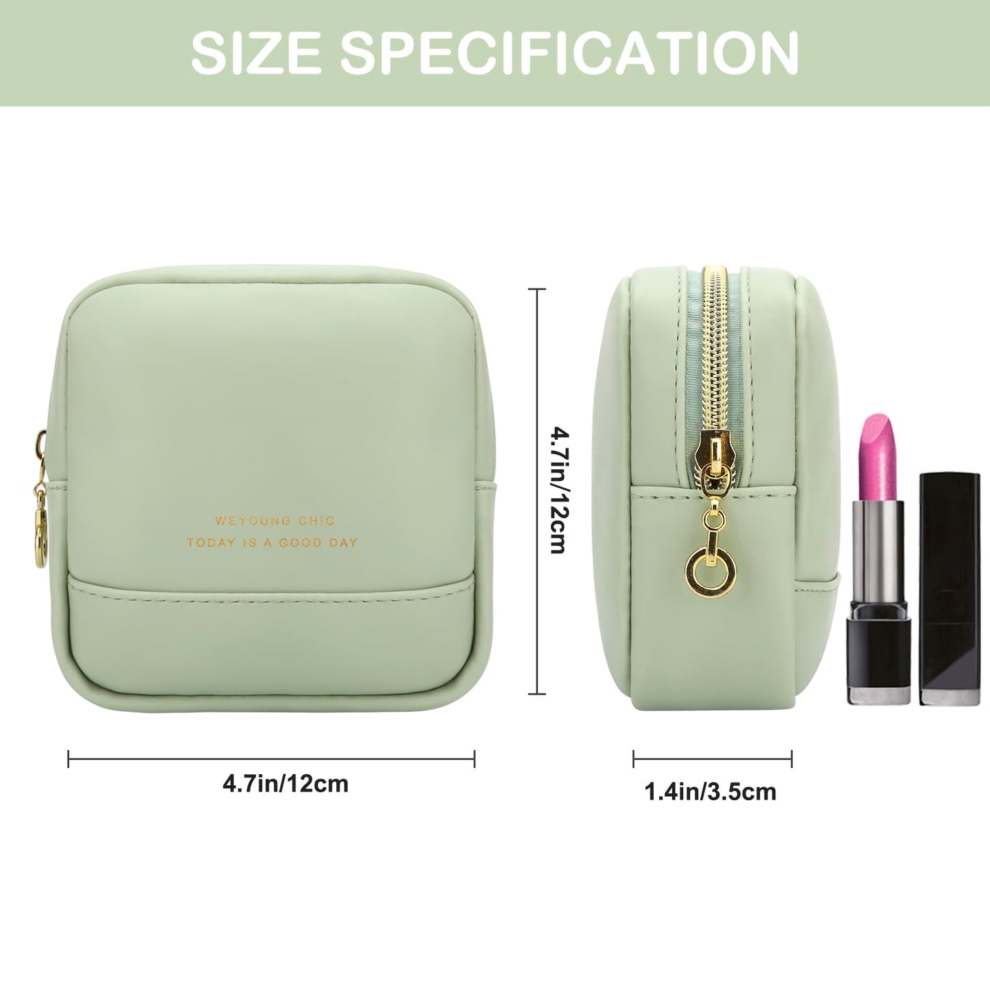 JINSI Small Makeup Bag for Purse,PU Leather Cute Travel Cosmetic Pouch Mini Make Up Bag for Organizer Toiletry Case for Women Girls with Interior Pockets and Zipper (Green)