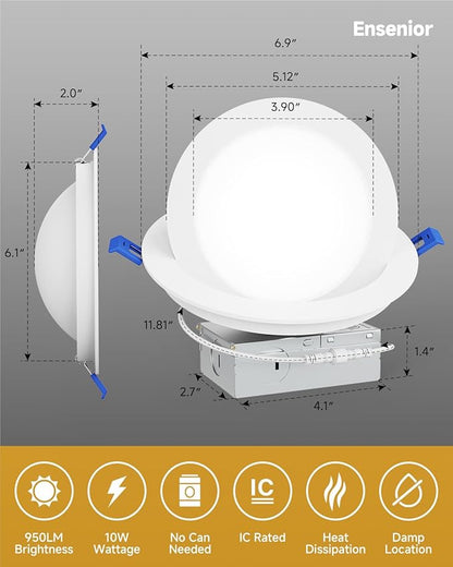 Ensenior 4 Pack 6 inch LED Eyeball Recessed Lighting, 360°+90° Rotatable and 2700K-5000K Selectable, Dimmable Gimbal Recessed Lights, Canless Angled Adjustable Ceiling Downlight, 1300LM, 13W=115W-FCC