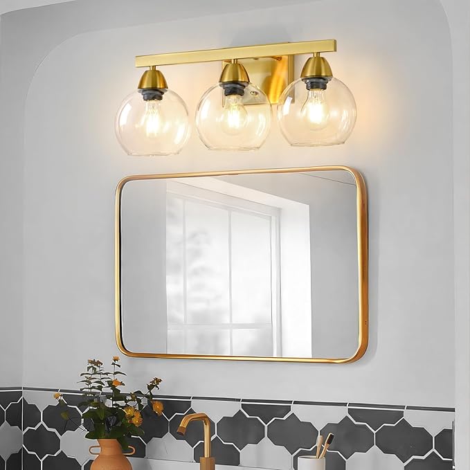 Bathroom Light Fixtures, 3-Light Brushed Gold Vanity Light with Hand-Blown Thick Glass Shades, High-End Clarity & Durability, Wall Sconce for Mirror, Bedroom, Hallway