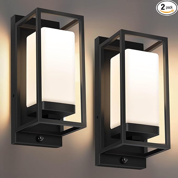 SHIMR Outdoor Wall Light with Dusk to Dawn Sensor, Black Exterior Lighting Fixtures with LED Bulb Included, E26 Base, Waterproof Outdoor Sconce Lights for Porch Garage Front Door, 2 Pack