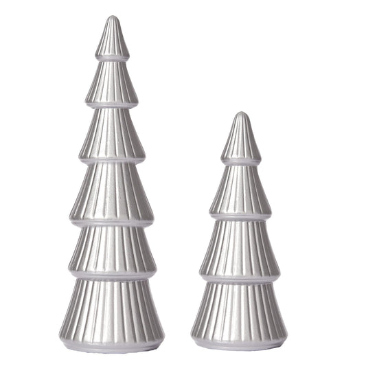 WONDROUS' DECO Wooden Christmas Tree Figurine, Tabletop Silver Tree Figurine, Set of 2 Desk Centerpieces for Christmas Decor