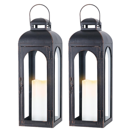 NEEDOMO Set of 2 Lanterns Decorative for Home,22''H Large LuxuryBronze Metal Hurricane Lanterns with Tempered Glass Panels for Porch,Tabletop, Mantle, Wall Hanging, Garden, Indoor & Outdoor Décor