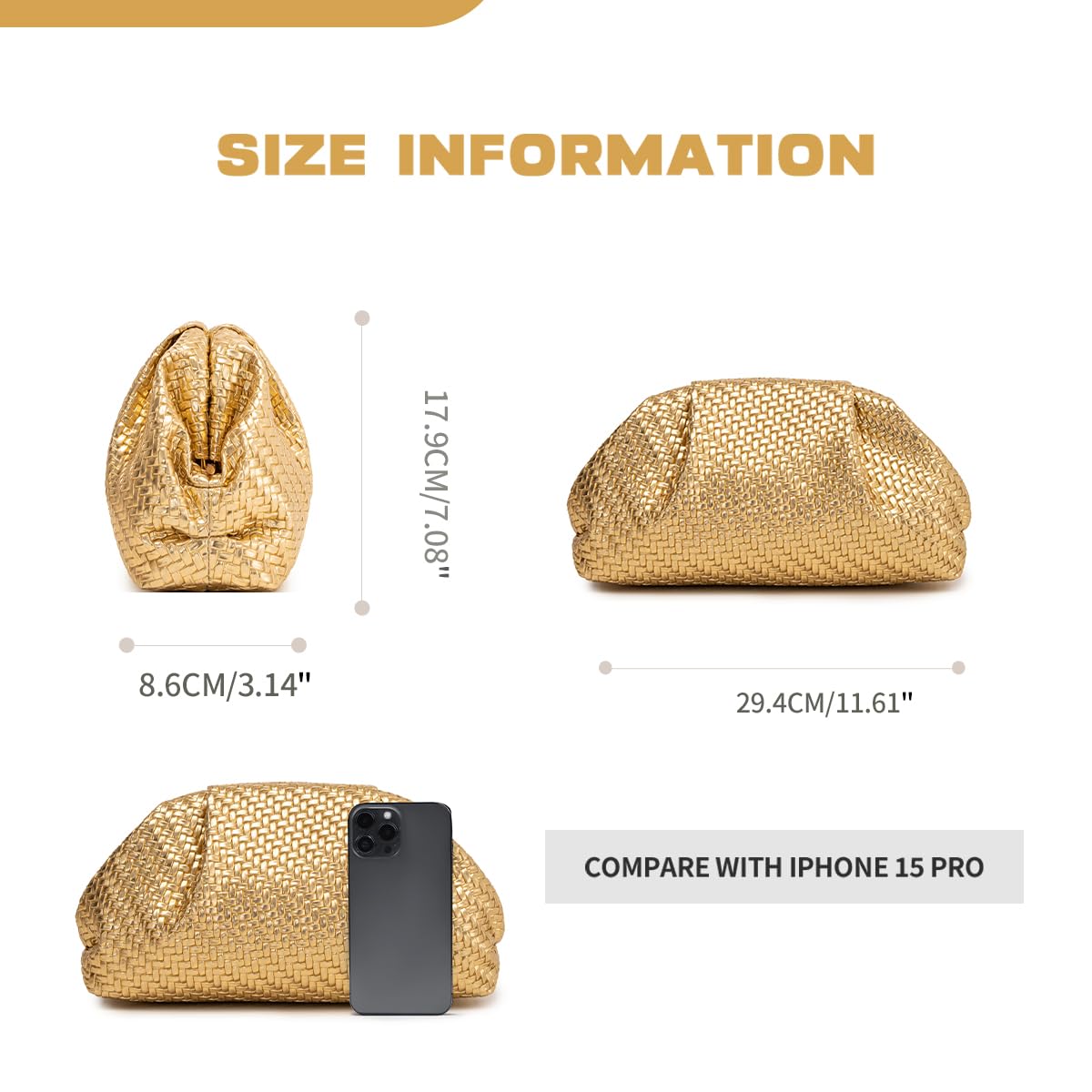 PHILOMENA Women's Woven Evening Bag Vegan Leather Clutch Purse Dumpling Ruched Bag Party Wedding Elegant Handbags (Gold Woven)