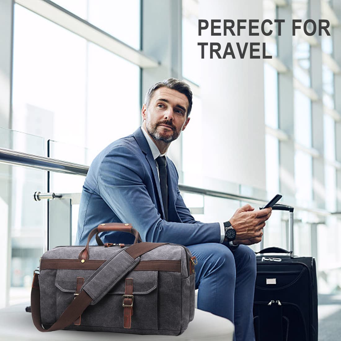 Duffle Bag for Men Waterproof Genuine Leather Canvas Travel Duffel Bags for Women Overnight Weekender Bag for Traveling, Black