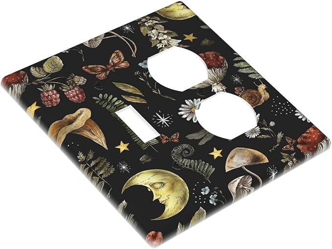 Decorative Light Switch Cover Plate Nature Plant Botanical Daisy Musrhoom Snails And Moon 2 Gang Outlet Covers 1 Toggle 1 Duplex Wall Plate Decorate Electrical Switch Plate Covers for Bathroom Home