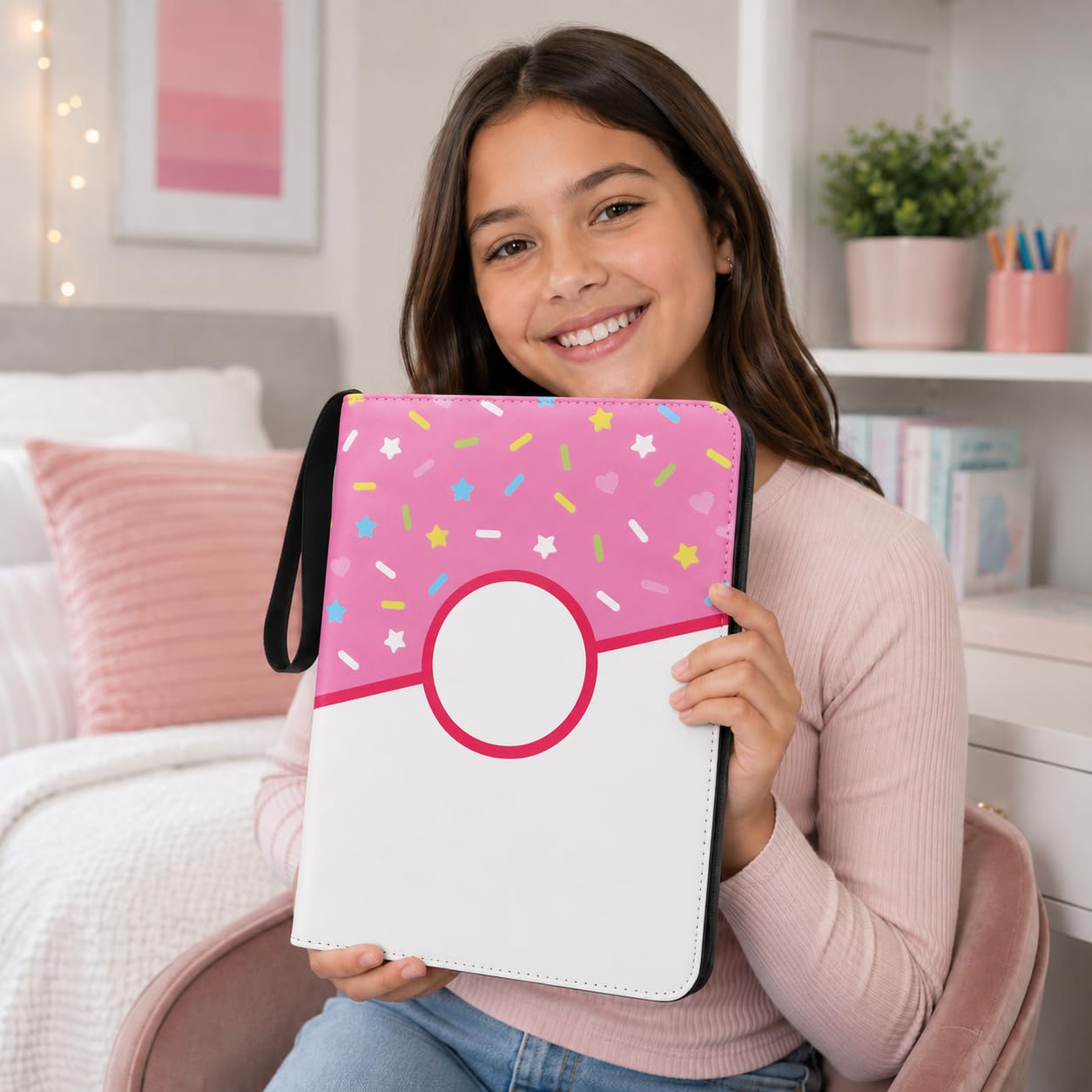 9 Pocket Card Binder 900 Card Holder Album, Pink Donut Trading Cards Holder Zipper Binder for Girl Teen Collection (Pink Donut, 900 Pocket)