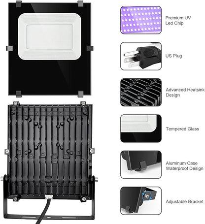 600W Black Lights Outdoor, Commercial Black Light Flood Lights High Power 395nm UV Blacklight Floodlight Plug in Large BlackLights Waterproof IP66 for Glow Party Large Space Halloween (2 Pack)