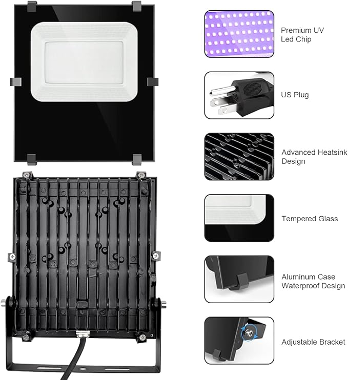 200W LED Black Lights Outdoor - IP66 Waterproof Black Light Flood Light UV Blacklight Floodlight 395nm Blacklights Spotlight UV Lights Lamp for Glow Party Large Space, Halloween Decor (2 Pack)