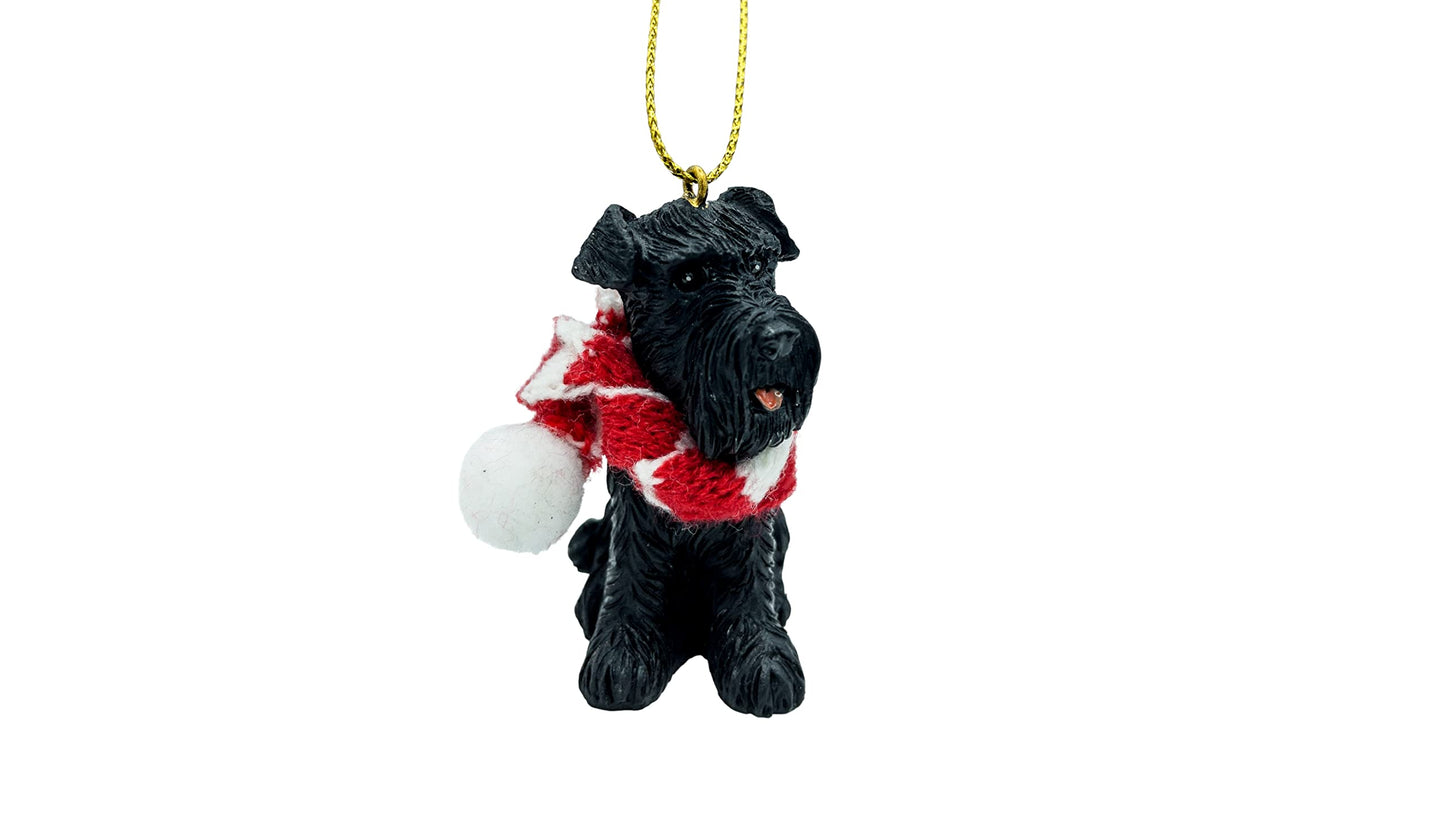 December Pets Miniature Black Schnauzer Dog Christmas Tree Ornament with Candy Cane Scarf
