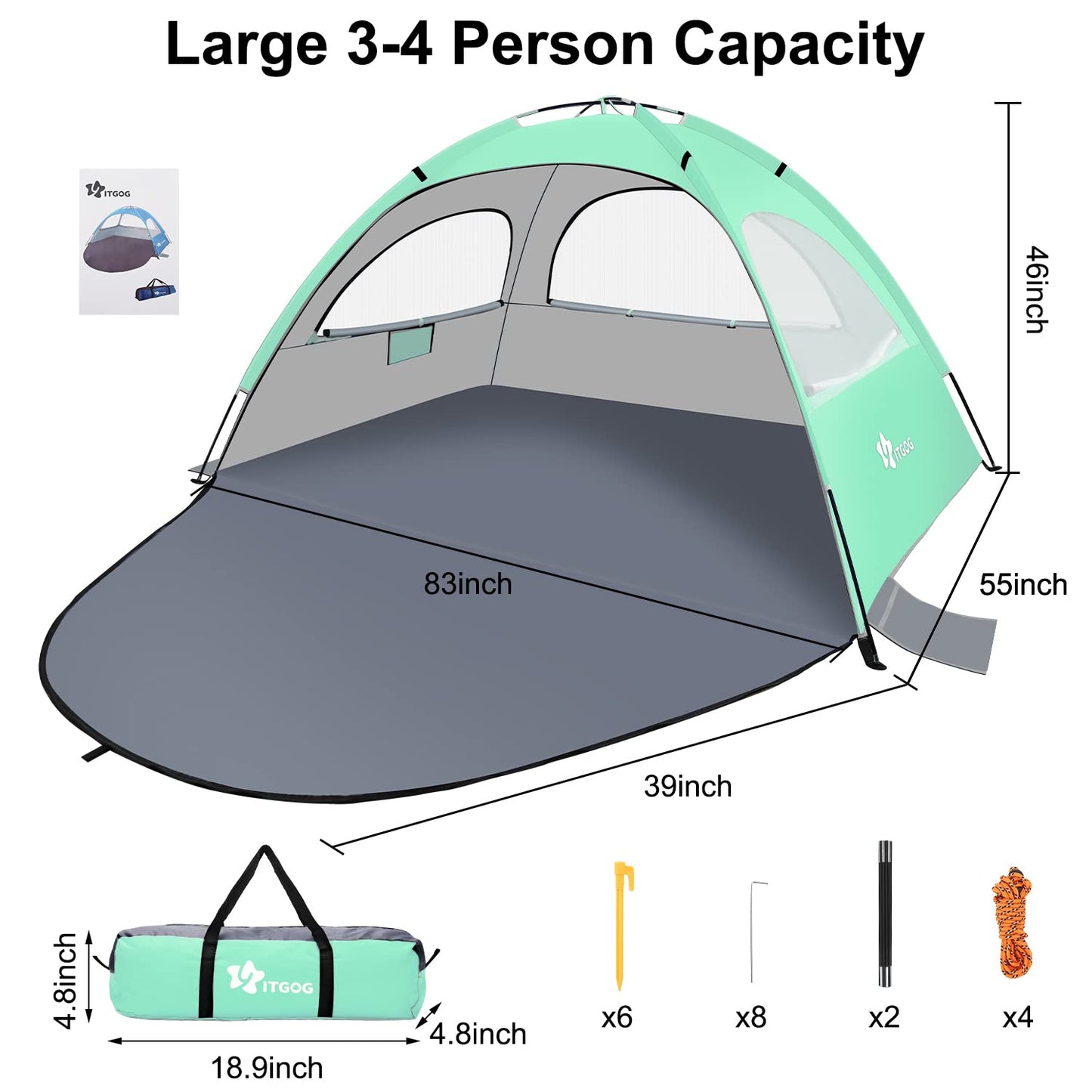YITGOG Beach Tent Sun Shelter for 3-4 Person, Baby Beach Tent with UV Protection, 3 Mesh Roll Up Windows & 8.0mm Fiberglass, Easy Assemble (Green)