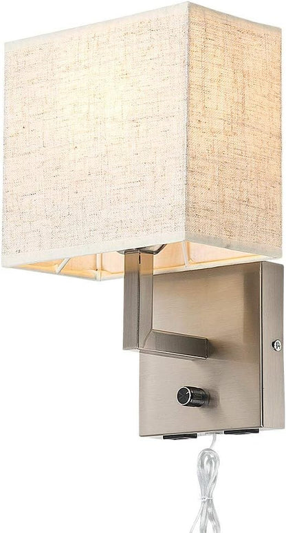 Bedside Wall Mount Light with Dimmer Switch and Two USB Charging Port,Fabric Linen Shade Wall Sconces Light with Plug in Cord and Satin Nickel Finish, Perfect for Bedroom, Living Room and Hotel