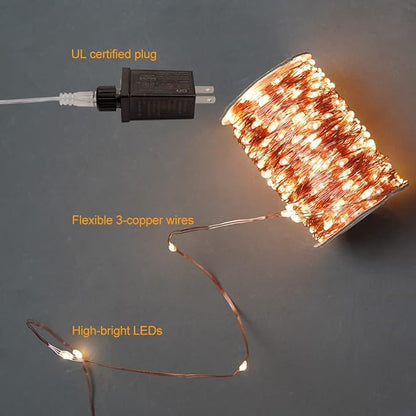 100Ft Warm White Plug in Fairy Lights 300 LED Waterproof Twinkle Copper Wire String Lights with Remote for Christmas Tree Bedroom Porch Patio Garden Wedding Party