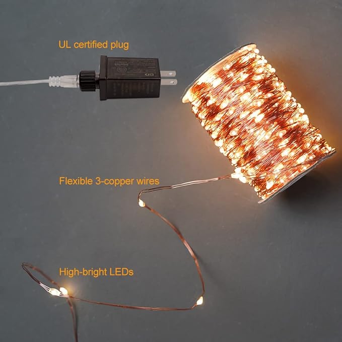 200FT Warm White Plug in Fairy Lights 600 LED Waterproof Copper Wire String Lights with Remote for Christmas Tree Bedroom Porch Patio Garden Wedding Party