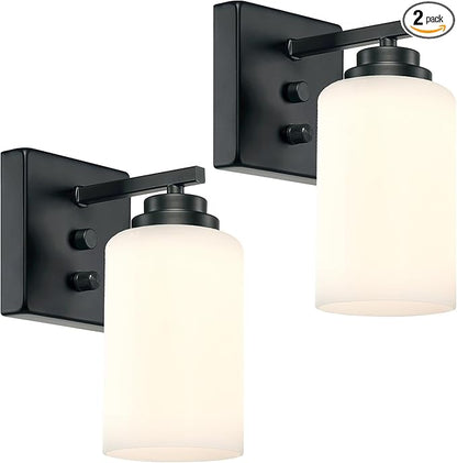 Wall Sconces with Switch Set of Two, Bedside Wall Lamps for Bedroom, Modern Bathroom Light Fixtures with Milk Glass Shade, Black Sconces Wall Lights for Hallway, Living Room, Kitchen