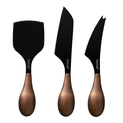 hecef Cheese Knife Set of 3, Bronze Grain Multipurpose Retro Cheese Knives, Set includes Pronged, Hard Cheese & Chisel Knife, Black