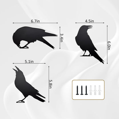 Set of 3 Metal Raven Statues - Gothic Crow Decor for Outdoor Fence Topper, Garden, and Halloween Displays | Fake Crow Ornament for Witchy Garden Decor Yard, Patio & Lawn | Unique Halloween Raven Gift