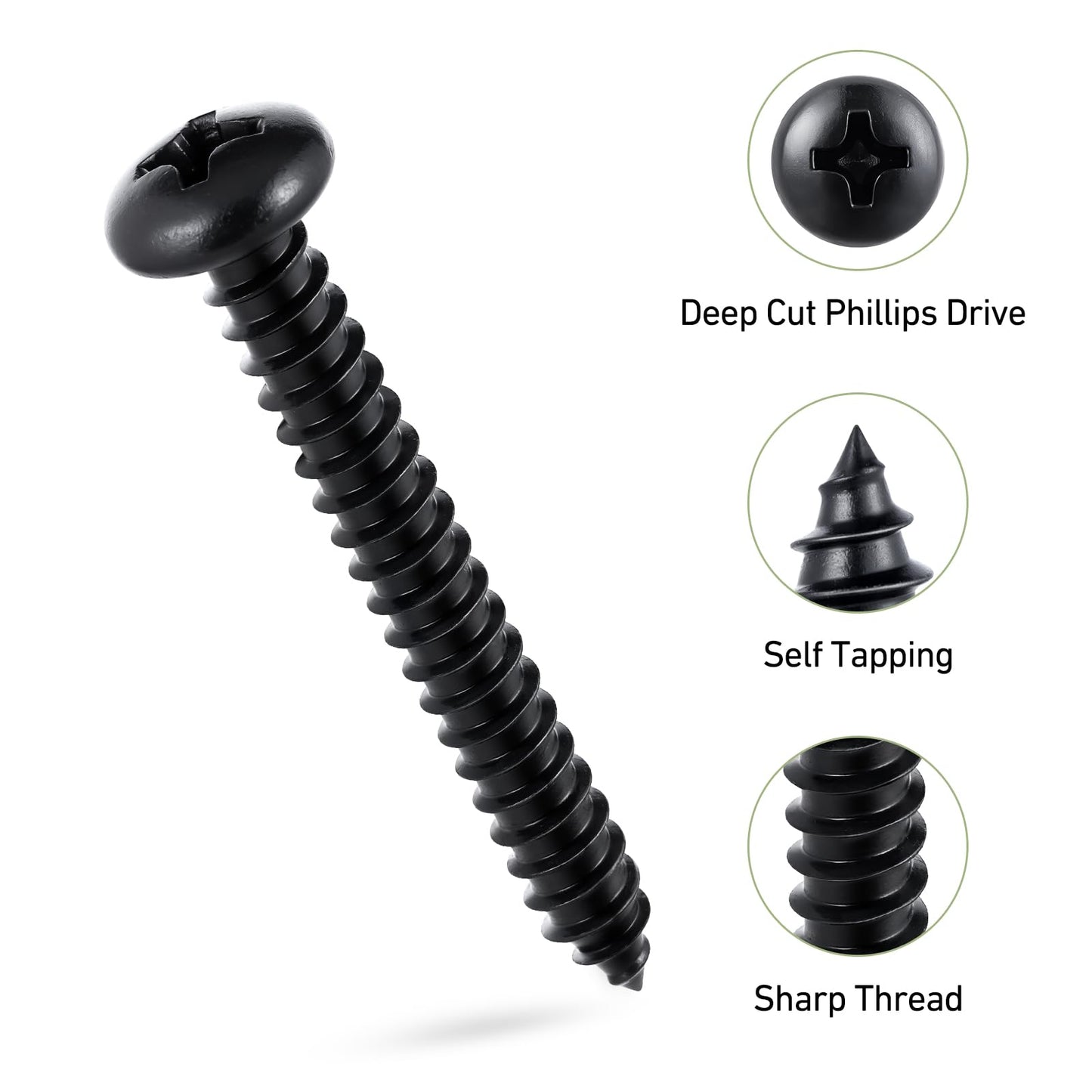 SVLING #10 x 3/4" Pan Head Wood Screws, 100PCS Pan Head Self Tapping Sheet Metal Screws, Black Oxide Stainless Steel 304 (18-8), Phillips Drive