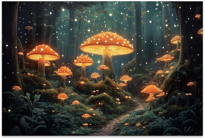 Yesad Mushroom Forest Canvas Wall Art Print, Mushroom Décor Magical Forest Pictures Enchanted Forest Décor Magic Mushrooms Botanical Art Farmhouse Living Room Wall Décor (Unframed,30”x20”,Mushroom)