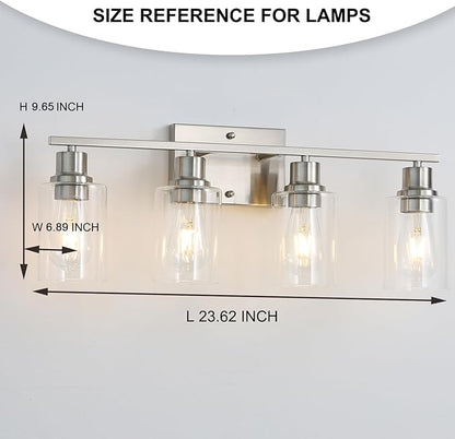Modern Wall Lighting 4-Lights Brushed Nickel Wall Lamp Fixtures,24" Vintage Wall Sconces with Clear Glass Shades, Farmhouse Bathroom Vanity Light for Mirror,Bedroom,Living Room