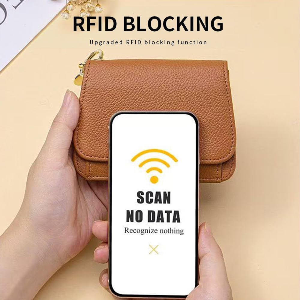 IDIDG Small Wallet for Women RFID Blocking Genuine Leather Slim Keychain Wallet Tri-Fold Card Case with Coin Pocket(Brown)