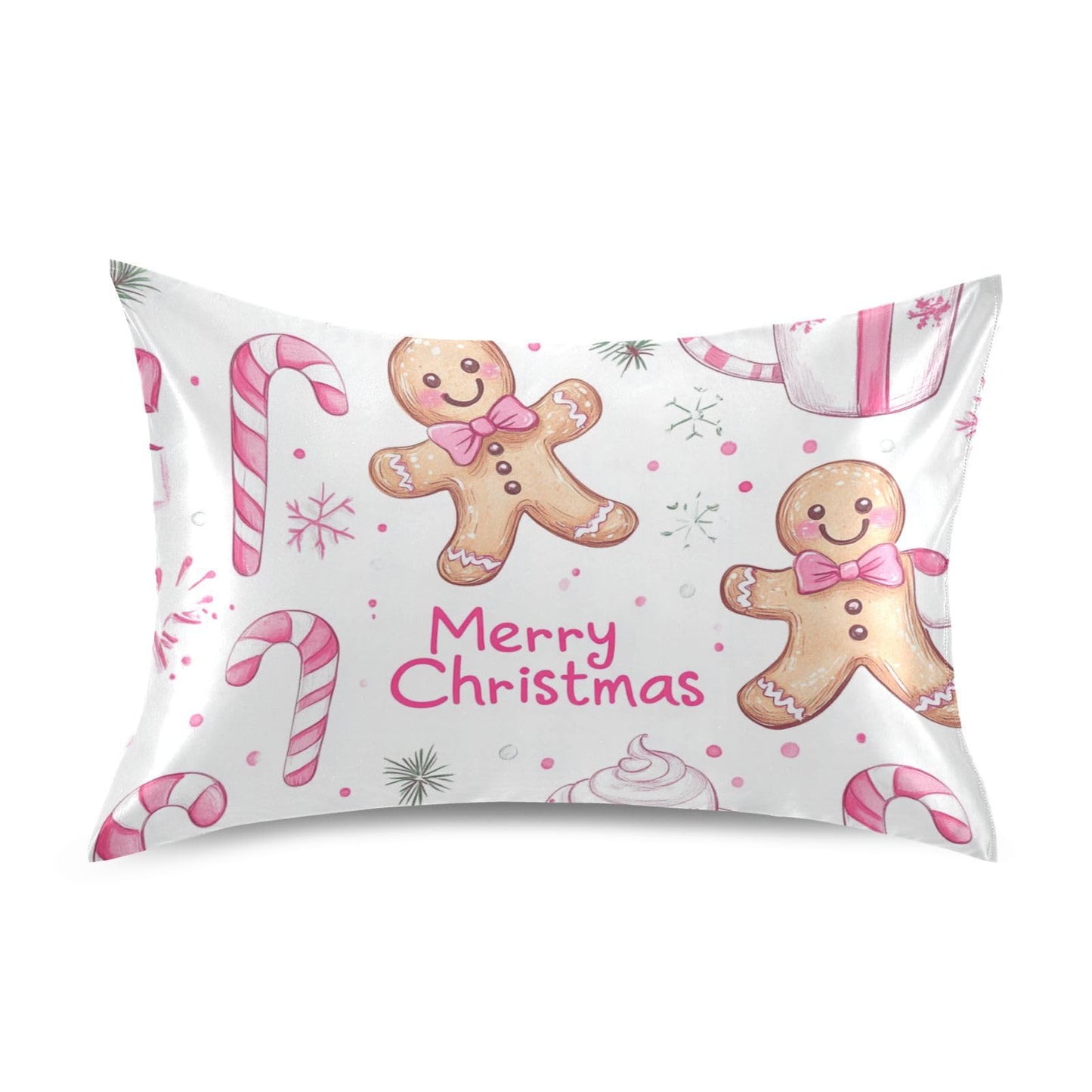 Dalzium Satin Pillowcase for Hair and Skin, Christmas Gingerbread Pink Cookies Silky Pillow Case Body Pillow Covers Queen Size with Envelope Closure